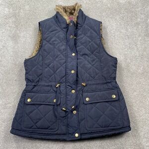 The Savile Row Co London Quilted Faux Fur Collar Vest Women's XL Navy Buttons